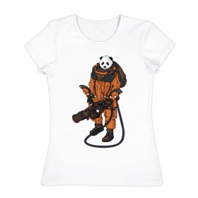 Женская футболка хлопок с принтом Панда Космонавт в Белгороде, 100% хлопок | прямой крой, круглый вырез горловины, длина до линии бедер, слегка спущенное плечо | астронавт | космонавт | космос | панда | панды
