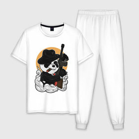Мужская пижама хлопок с принтом Гангстер Панда в Белгороде, 100% хлопок | брюки и футболка прямого кроя, без карманов, на брюках мягкая резинка на поясе и по низу штанин
 | автомат | банда | гангстер | мафия | панда | панды | преступник | томпсон