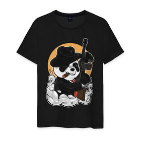 Мужская футболка хлопок с принтом Гангстер Панда в Белгороде, 100% хлопок | прямой крой, круглый вырез горловины, длина до линии бедер, слегка спущенное плечо. | автомат | банда | гангстер | мафия | панда | панды | преступник | томпсон