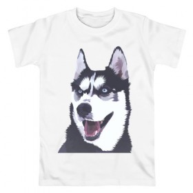 Мужская футболка хлопок с принтом Хаски в Белгороде, 100% хлопок | прямой крой, круглый вырез горловины, длина до линии бедер, слегка спущенное плечо. | Тематика изображения на принте: dog | haski | собака | собаки | хаски | хаски бандит