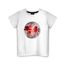 Детская футболка хлопок с принтом Красный закат в тропиках в Белгороде, 100% хлопок | круглый вырез горловины, полуприлегающий силуэт, длина до линии бедер | Тематика изображения на принте: закат | лето | луна | ночь | пальмы | тропики