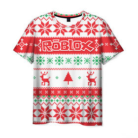 Мужская футболка 3D с принтом Новогодний Roblox в Белгороде, 100% полиэфир | прямой крой, круглый вырез горловины, длина до линии бедер | dynablocks | roblox | блоки | вселенная | герои | год | кубики | новый | роблокс | снег | снежинки | узор