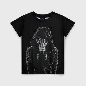 Детская футболка 3D с принтом Противогаз в Белгороде, 100% гипоаллергенный полиэфир | прямой крой, круглый вырез горловины, длина до линии бедер, чуть спущенное плечо, ткань немного тянется | Тематика изображения на принте: капюшон | мужчина | противогаз | человек | черный
