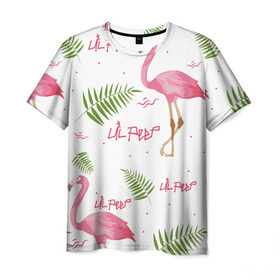 Мужская футболка 3D с принтом Lil Peep pink flamingo в Белгороде, 100% полиэфир | прямой крой, круглый вырез горловины, длина до линии бедер | benz truck | girls. pink | gustav hr | hip hop | lil | lil peep | peep | rap | лил | лилпип | листья | пальма | пальмы | пип | розовый | рэп | фламинго | хип хоп | эмо | эмо реп