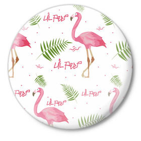 Значок с принтом Lil Peep pink flamingo в Белгороде,  металл | круглая форма, металлическая застежка в виде булавки | benz truck | girls. pink | gustav hr | hip hop | lil | lil peep | peep | rap | лил | лилпип | листья | пальма | пальмы | пип | розовый | рэп | фламинго | хип хоп | эмо | эмо реп