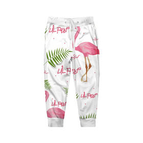 Детские брюки 3D с принтом Lil Peep pink flamingo в Белгороде, 100% полиэстер | манжеты по низу, эластичный пояс регулируется шнурком, по бокам два кармана без застежек, внутренняя часть кармана из мелкой сетки | benz truck | girls. pink | gustav hr | hip hop | lil | lil peep | peep | rap | лил | лилпип | листья | пальма | пальмы | пип | розовый | рэп | фламинго | хип хоп | эмо | эмо реп