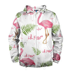 Мужская ветровка 3D с принтом Lil Peep pink flamingo в Белгороде, 100% полиэстер | подол и капюшон оформлены резинкой с фиксаторами, два кармана без застежек по бокам, один потайной карман на груди | Тематика изображения на принте: benz truck | girls. pink | gustav hr | hip hop | lil | lil peep | peep | rap | лил | лилпип | листья | пальма | пальмы | пип | розовый | рэп | фламинго | хип хоп | эмо | эмо реп