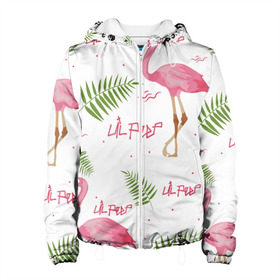 Женская куртка 3D с принтом Lil Peep pink flamingo в Белгороде, ткань верха — 100% полиэстер, подклад — флис | прямой крой, подол и капюшон оформлены резинкой с фиксаторами, два кармана без застежек по бокам, один большой потайной карман на груди. Карман на груди застегивается на липучку | benz truck | girls. pink | gustav hr | hip hop | lil | lil peep | peep | rap | лил | лилпип | листья | пальма | пальмы | пип | розовый | рэп | фламинго | хип хоп | эмо | эмо реп