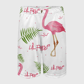 Детские спортивные шорты 3D с принтом Lil Peep pink flamingo в Белгороде,  100% полиэстер
 | пояс оформлен широкой мягкой резинкой, ткань тянется
 | benz truck | girls. pink | gustav hr | hip hop | lil | lil peep | peep | rap | лил | лилпип | листья | пальма | пальмы | пип | розовый | рэп | фламинго | хип хоп | эмо | эмо реп