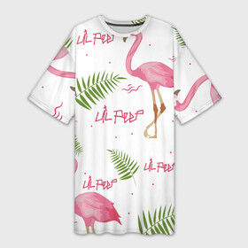 Платье-футболка 3D с принтом Lil Peep pink flamingo в Белгороде,  |  | benz truck | girls. pink | gustav hr | hip hop | lil | lil peep | peep | rap | лил | лилпип | листья | пальма | пальмы | пип | розовый | рэп | фламинго | хип хоп | эмо | эмо реп