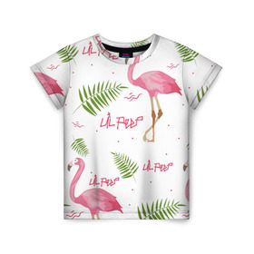 Детская футболка 3D с принтом Lil Peep pink flamingo в Белгороде, 100% гипоаллергенный полиэфир | прямой крой, круглый вырез горловины, длина до линии бедер, чуть спущенное плечо, ткань немного тянется | benz truck | girls. pink | gustav hr | hip hop | lil | lil peep | peep | rap | лил | лилпип | листья | пальма | пальмы | пип | розовый | рэп | фламинго | хип хоп | эмо | эмо реп