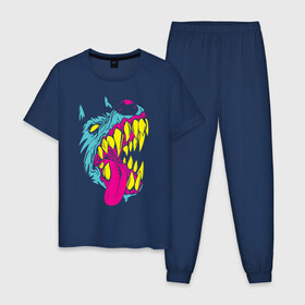 Мужская пижама хлопок с принтом Волк в Белгороде, 100% хлопок | брюки и футболка прямого кроя, без карманов, на брюках мягкая резинка на поясе и по низу штанин
 | абстракция | волк | неон