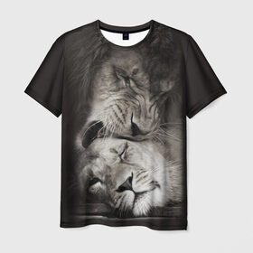 Мужская футболка 3D с принтом Лев и львица в Белгороде, 100% полиэфир | прямой крой, круглый вырез горловины, длина до линии бедер | животные | кот | кошка | лев | львица | оскал | природа | рык | рычит | хищник