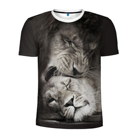 Мужская футболка 3D спортивная с принтом Лев и львица в Белгороде, 100% полиэстер с улучшенными характеристиками | приталенный силуэт, круглая горловина, широкие плечи, сужается к линии бедра | животные | кот | кошка | лев | львица | оскал | природа | рык | рычит | хищник