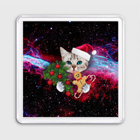 Магнит 55*55 с принтом astro cat в Белгороде, Пластик | Размер: 65*65 мм; Размер печати: 55*55 мм | Тематика изображения на принте: art | cat | new year | pizza | space | абстракция | еда | ёлка | звезды | киса | космос | кот | кот в космосе | кот с едой | котенок | котик | кошка | новый год | пицца | праздник | рождество | шапка