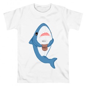 Мужская футболка хлопок с принтом Hype Shark в Белгороде, 100% хлопок | прямой крой, круглый вырез горловины, длина до линии бедер, слегка спущенное плечо. | coffee | cute | hype | kawaii | shark | акула | кофе | милый | море | рыба | хищник