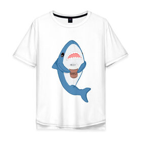 Мужская футболка хлопок Oversize с принтом Hype Shark в Белгороде, 100% хлопок | свободный крой, круглый ворот, “спинка” длиннее передней части | coffee | cute | hype | kawaii | shark | акула | кофе | милый | море | рыба | хищник