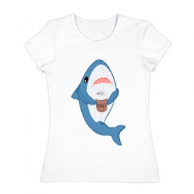 Женская футболка хлопок с принтом Hype Shark в Белгороде, 100% хлопок | прямой крой, круглый вырез горловины, длина до линии бедер, слегка спущенное плечо | coffee | cute | hype | kawaii | shark | акула | кофе | милый | море | рыба | хищник