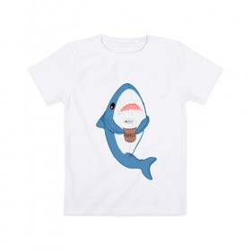 Детская футболка хлопок с принтом Hype Shark в Белгороде, 100% хлопок | круглый вырез горловины, полуприлегающий силуэт, длина до линии бедер | coffee | cute | hype | kawaii | shark | акула | кофе | милый | море | рыба | хищник