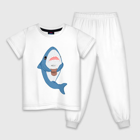 Детская пижама хлопок с принтом Hype Shark в Белгороде, 100% хлопок |  брюки и футболка прямого кроя, без карманов, на брюках мягкая резинка на поясе и по низу штанин
 | coffee | cute | hype | kawaii | shark | акула | кофе | милый | море | рыба | хищник