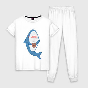 Женская пижама хлопок с принтом Hype Shark в Белгороде, 100% хлопок | брюки и футболка прямого кроя, без карманов, на брюках мягкая резинка на поясе и по низу штанин | coffee | cute | hype | kawaii | shark | акула | кофе | милый | море | рыба | хищник