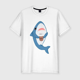 Мужская футболка премиум с принтом Hype Shark в Белгороде, 92% хлопок, 8% лайкра | приталенный силуэт, круглый вырез ворота, длина до линии бедра, короткий рукав | coffee | cute | hype | kawaii | shark | акула | кофе | милый | море | рыба | хищник