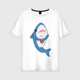 Женская футболка хлопок Oversize с принтом Hype Shark в Белгороде, 100% хлопок | свободный крой, круглый ворот, спущенный рукав, длина до линии бедер
 | coffee | cute | hype | kawaii | shark | акула | кофе | милый | море | рыба | хищник