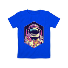 Детская футболка хлопок с принтом Космонавт с Едой в Белгороде, 100% хлопок | круглый вырез горловины, полуприлегающий силуэт, длина до линии бедер | Тематика изображения на принте: астронавт | в космосе | галактика | еда | звезды | космонавт | космос | пицца | пончик