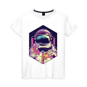 Женская футболка хлопок с принтом Космонавт с Едой в Белгороде, 100% хлопок | прямой крой, круглый вырез горловины, длина до линии бедер, слегка спущенное плечо | астронавт | в космосе | галактика | еда | звезды | космонавт | космос | пицца | пончик