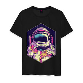 Мужская футболка хлопок с принтом Космонавт с Едой в Белгороде, 100% хлопок | прямой крой, круглый вырез горловины, длина до линии бедер, слегка спущенное плечо. | астронавт | в космосе | галактика | еда | звезды | космонавт | космос | пицца | пончик
