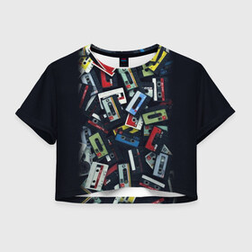 Женская футболка 3D укороченная с принтом 90-е в Белгороде, 100% полиэстер | круглая горловина, длина футболки до линии талии, рукава с отворотами | music | детство | кассета | молодость | музыка | перестройка | ретро | ссср