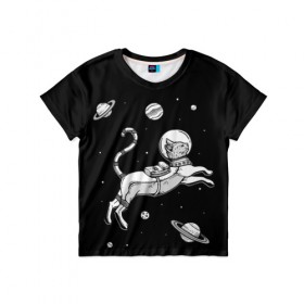 Детская футболка 3D с принтом кот в скафандре в Белгороде, 100% гипоаллергенный полиэфир | прямой крой, круглый вырез горловины, длина до линии бедер, чуть спущенное плечо, ткань немного тянется | Тематика изображения на принте: space | астронавт | галактика | звезды | космонавт | космос | кот | планеты | скафандр