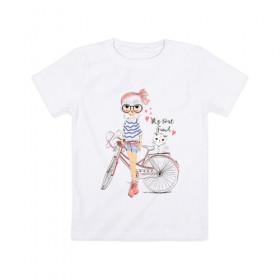 Детская футболка хлопок с принтом Девушка, котенок и велосипед в Белгороде, 100% хлопок | круглый вырез горловины, полуприлегающий силуэт, длина до линии бедер | Тематика изображения на принте: 