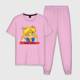 Мужская пижама хлопок с принтом Sailor Moon Good Luck в Белгороде, 100% хлопок | брюки и футболка прямого кроя, без карманов, на брюках мягкая резинка на поясе и по низу штанин
 | good luck | goodluck | sailor moon | sailormoon | мультик | мультяшка | надпись | сейлор мун | сейлормун | сэйлормун | удачи