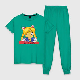 Женская пижама хлопок с принтом Sailor Moon Good Luck в Белгороде, 100% хлопок | брюки и футболка прямого кроя, без карманов, на брюках мягкая резинка на поясе и по низу штанин | Тематика изображения на принте: good luck | goodluck | sailor moon | sailormoon | мультик | мультяшка | надпись | сейлор мун | сейлормун | сэйлормун | удачи
