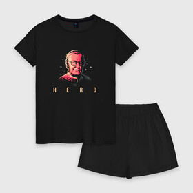 Женская пижама с шортиками хлопок с принтом Stan Lee The Hero в Белгороде, 100% хлопок | футболка прямого кроя, шорты свободные с широкой мягкой резинкой | Тематика изображения на принте: комиксы | стен ли | стэн