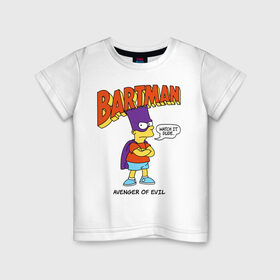 Детская футболка хлопок с принтом Барт Симпсон в Белгороде, 100% хлопок | круглый вырез горловины, полуприлегающий силуэт, длина до линии бедер | Тематика изображения на принте: bart simpson | simpsons | барт | барт симпсон | бартмен | симпcоны | супергерой