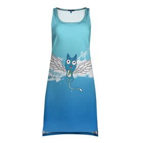 Платье-майка 3D с принтом Happy Aye! (Fairy Tail) в Белгороде, 100% полиэстер | полуприлегающий силуэт, широкие бретели, круглый вырез горловины, удлиненный подол сзади. | anime | blue | cat | fairy tail | happy | аниме | кот | кошка | синий | хвост феи | хэппи