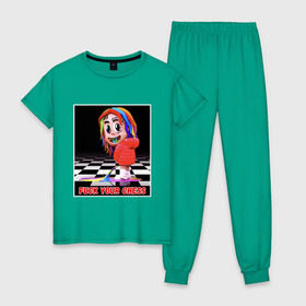 Женская пижама хлопок с принтом 6ix9ine в Белгороде, 100% хлопок | брюки и футболка прямого кроя, без карманов, на брюках мягкая резинка на поясе и по низу штанин | 6ix9ine | skittles | скитлз