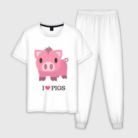 Мужская пижама хлопок с принтом I Love Pigs в Белгороде, 100% хлопок | брюки и футболка прямого кроя, без карманов, на брюках мягкая резинка на поясе и по низу штанин
 | Тематика изображения на принте: 