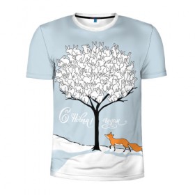 Мужская футболка 3D спортивная с принтом Зайцы на дереве в Белгороде, 100% полиэстер с улучшенными характеристиками | приталенный силуэт, круглая горловина, широкие плечи, сужается к линии бедра | 2019 | год | дерево | дикие | животные | зайцы | зима | испуг | кролики | лесные | лиса | лисичка | мода | моло | на дереве | новый год | подарок | поздравление | праздник | рисунок | рождество | с новым годом