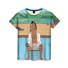 Женская футболка 3D с принтом Конь БоДжек в Белгороде, 100% полиэфир ( синтетическое хлопкоподобное полотно) | прямой крой, круглый вырез горловины, длина до линии бедер | bojack | hollywood | horseman | бассейн | боджек | конь