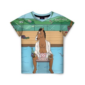Детская футболка 3D с принтом Конь БоДжек в Белгороде, 100% гипоаллергенный полиэфир | прямой крой, круглый вырез горловины, длина до линии бедер, чуть спущенное плечо, ткань немного тянется | Тематика изображения на принте: bojack | hollywood | horseman | бассейн | боджек | конь