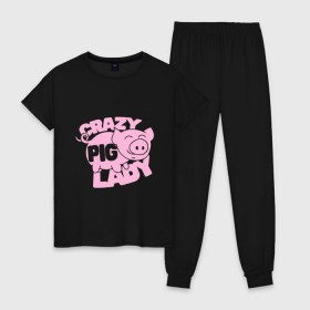 Женская пижама хлопок с принтом Crazy Pig Lady в Белгороде, 100% хлопок | брюки и футболка прямого кроя, без карманов, на брюках мягкая резинка на поясе и по низу штанин | 