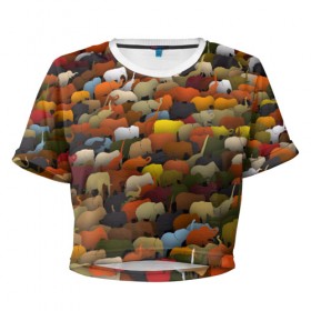 Женская футболка 3D укороченная с принтом Слоны идут налево в Белгороде, 100% полиэстер | круглая горловина, длина футболки до линии талии, рукава с отворотами | африка | животные | индия | паттрен | слон | слоники | стадо | толпа