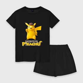 Женская пижама с шортиками хлопок с принтом Detetive Pikachu в Белгороде, 100% хлопок | футболка прямого кроя, шорты свободные с широкой мягкой резинкой | detective | picachu | pokemon | детектив | пикачу | покемон