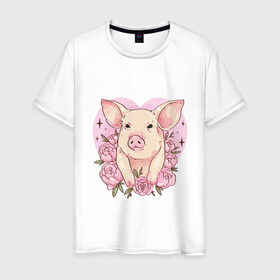 Мужская футболка хлопок с принтом Love Pig в Белгороде, 100% хлопок | прямой крой, круглый вырез горловины, длина до линии бедер, слегка спущенное плечо. | Тематика изображения на принте: 