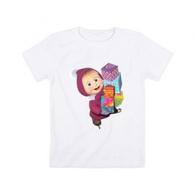 Детская футболка хлопок с принтом Маша с подарками в Белгороде, 100% хлопок | круглый вырез горловины, полуприлегающий силуэт, длина до линии бедер | 