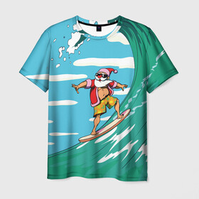 Мужская футболка 3D с принтом Cool Santa в Белгороде, 100% полиэфир | прямой крой, круглый вырез горловины, длина до линии бедер | Тематика изображения на принте: cool | creative | design | holiday | merry christmas | new year | sea | summer | surfing | wave | волна | дизайн | канары | креатив | круто | лето | море | новый год | рождество | сёрфинг