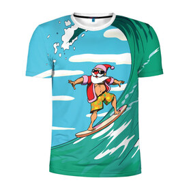Мужская футболка 3D спортивная с принтом Cool Santa в Белгороде, 100% полиэстер с улучшенными характеристиками | приталенный силуэт, круглая горловина, широкие плечи, сужается к линии бедра | Тематика изображения на принте: cool | creative | design | holiday | merry christmas | new year | sea | summer | surfing | wave | волна | дизайн | канары | креатив | круто | лето | море | новый год | рождество | сёрфинг